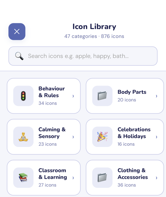 The VOIS icon library screen, showing 47 categories and 876 built-in icons with a search bar