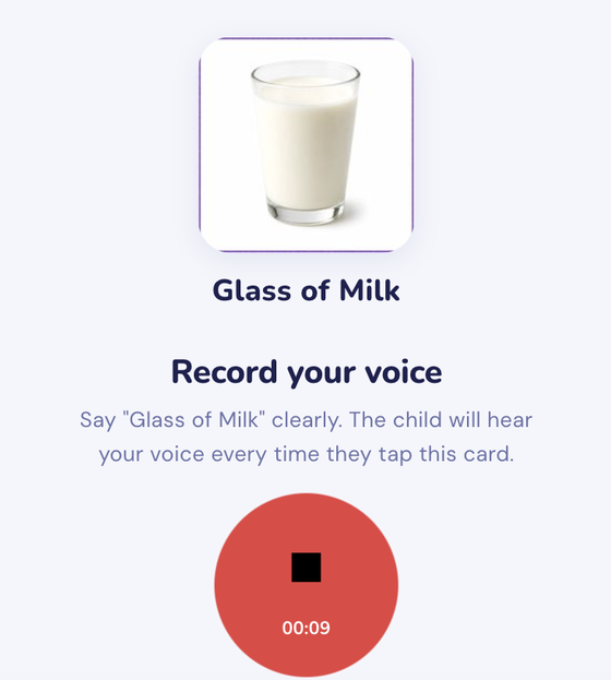 The VOIS voice recording screen for a 'Glass of Milk' card, with a record button and timer