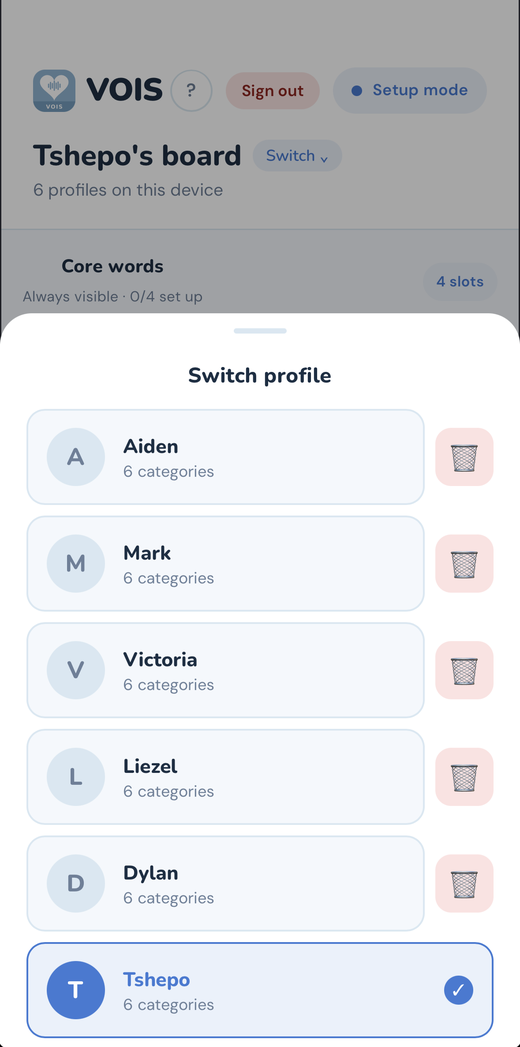 The VOIS Switch profile screen showing six children's profiles on one device