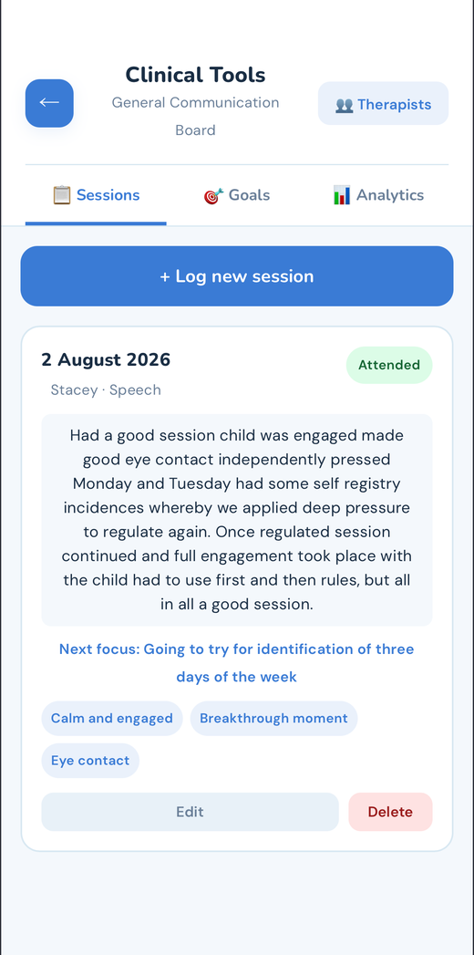 A logged VOIS session for Stacey, Speech therapy, Attended, with a clinical note and observation tags for Calm and engaged, Breakthrough moment, and Eye contact