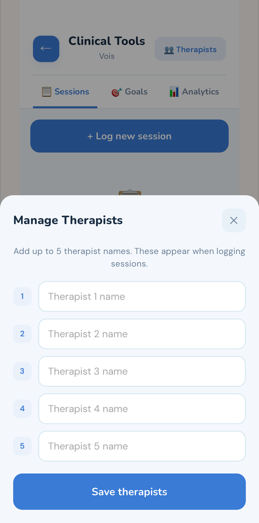 The VOIS Manage Therapists screen, with fields to add up to five therapist names