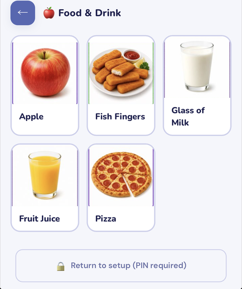 A populated VOIS Food & Drink category with real photo cards for Apple, Fish Fingers, Glass of Milk, Fruit Juice, and Pizza
