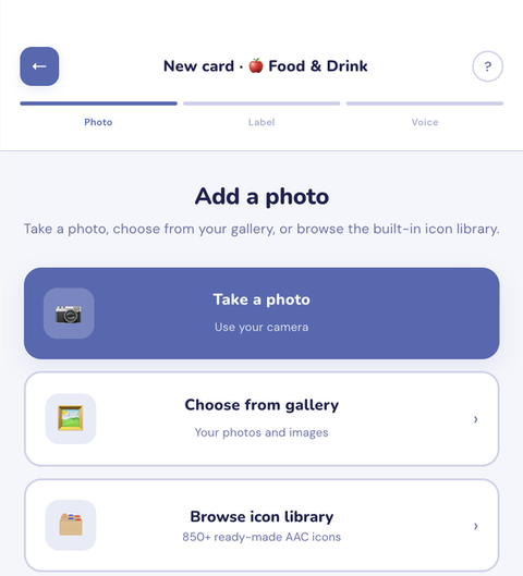 The VOIS 'Add a photo' screen, showing options to take a photo, choose from the gallery, or browse the built-in icon library
